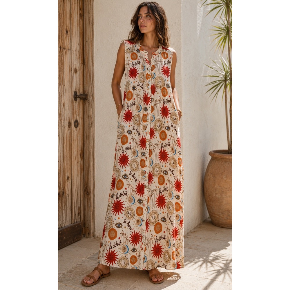 Ivy Jane Sunny Days Dress L Cotton Gauze Maxi Sun Moon‎ Celestial Boho NWT